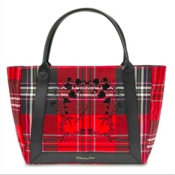 Victoria's Secret Tote Bag Womens Red Black Plaid Crest Canvas Limited Edition - Picture 1 of 4